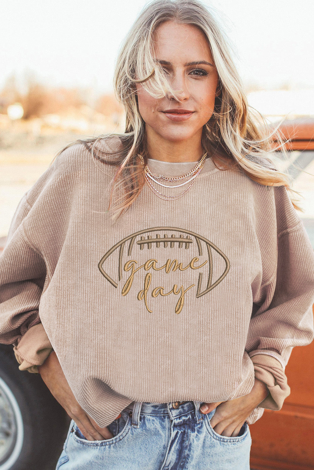 Apricot ‘Game Day’ Embroidered Corduroy Sweatshirt