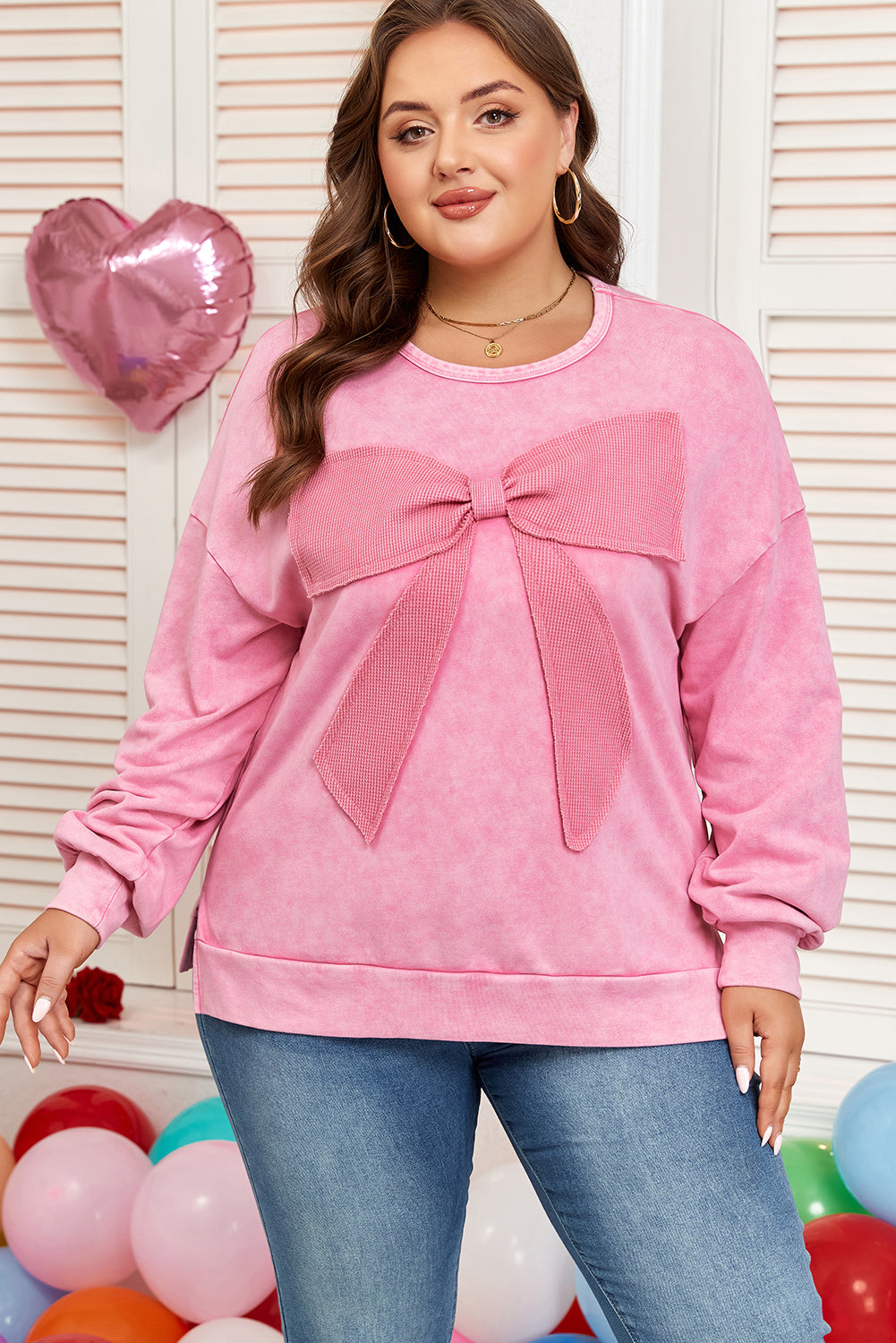 Pink Bowknot Patchwork Graphic Mineral Wash Plus Size Sweatshirt