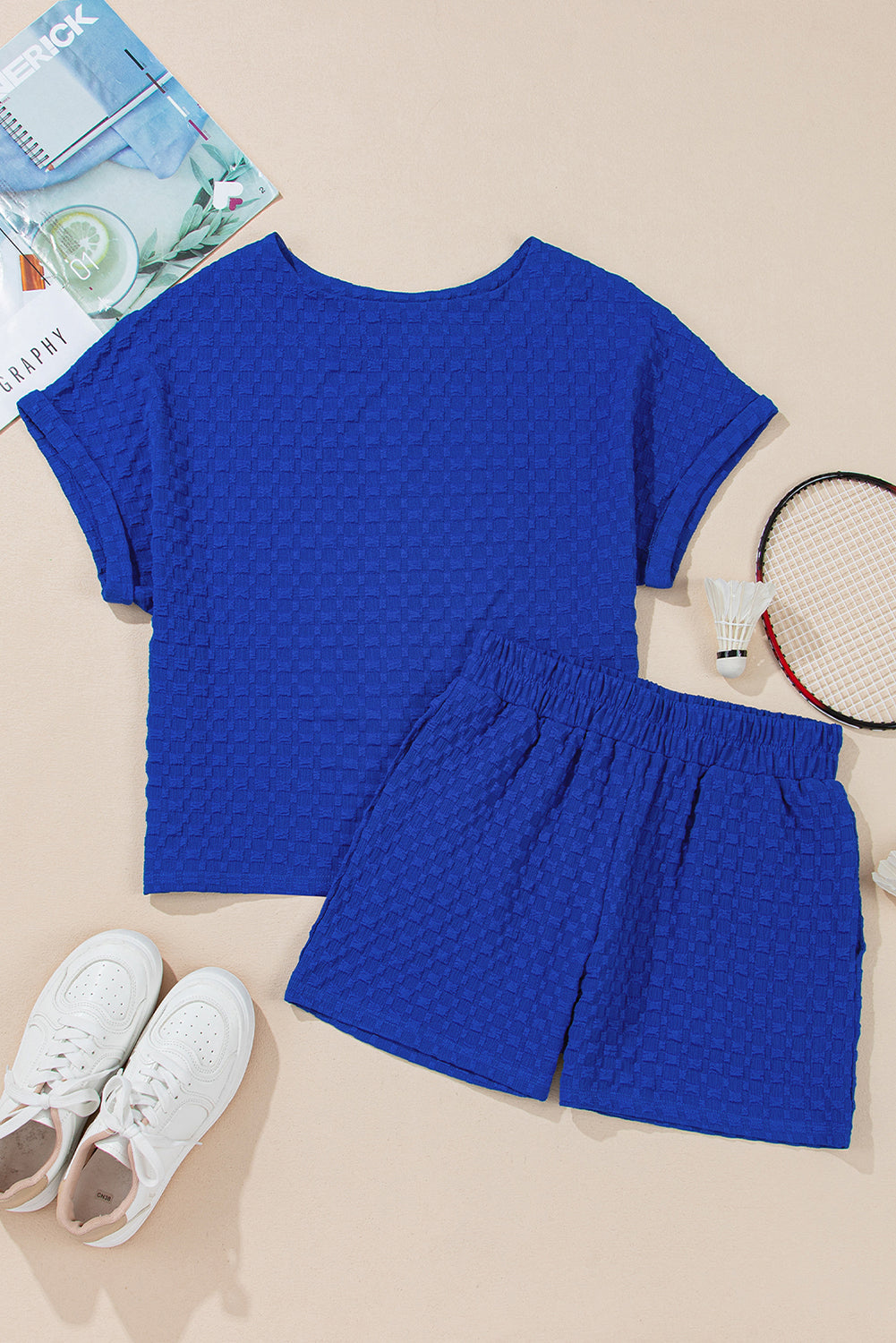 Sky Blue Textured Buttoned Tee and Shorts Set