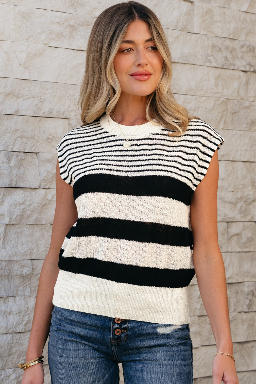 Black & White Striped O Neck Sweater Vest