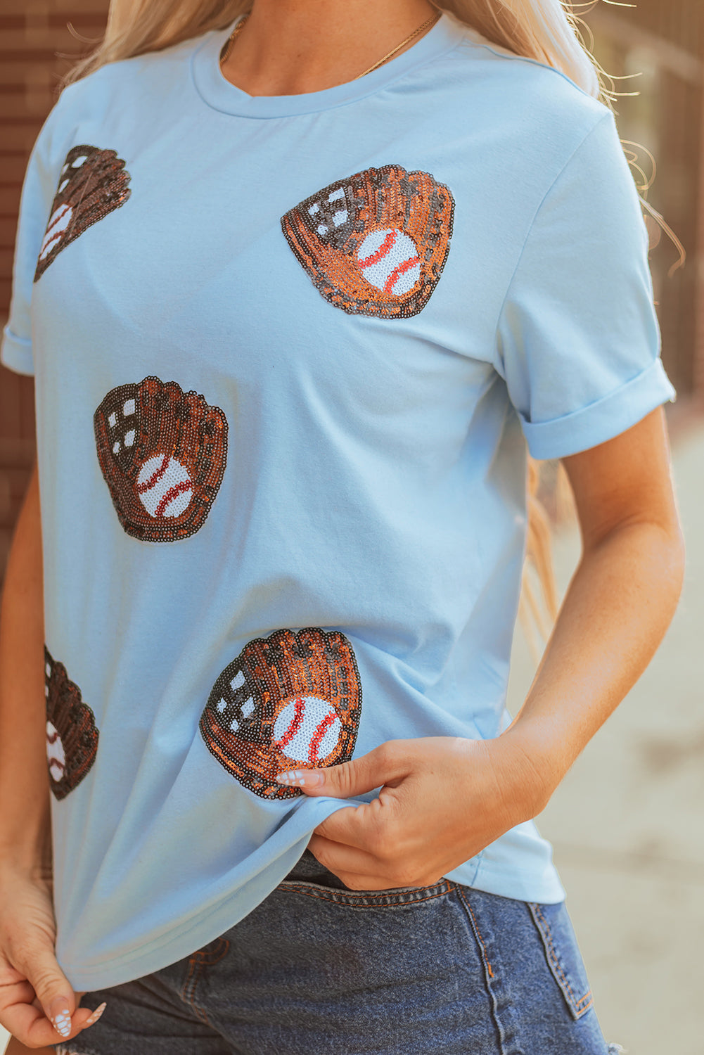 Light Blue BaseBall Sequin Patched Casual T Shirt