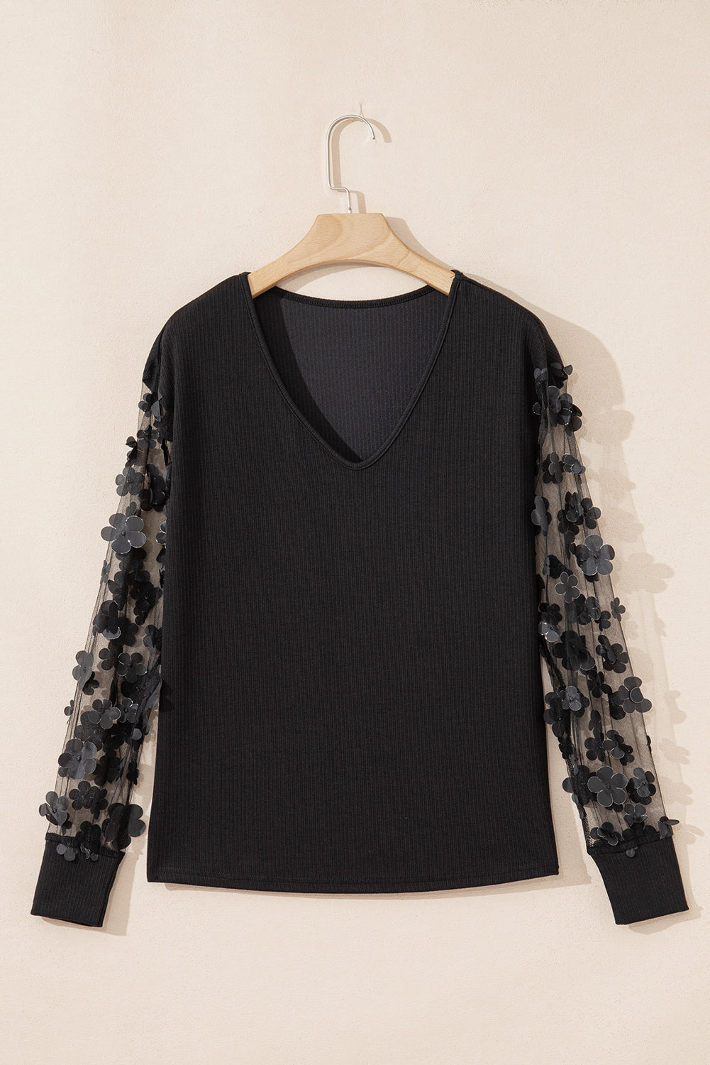 Black Flower Mesh Long Sleeve V Neck Blouse