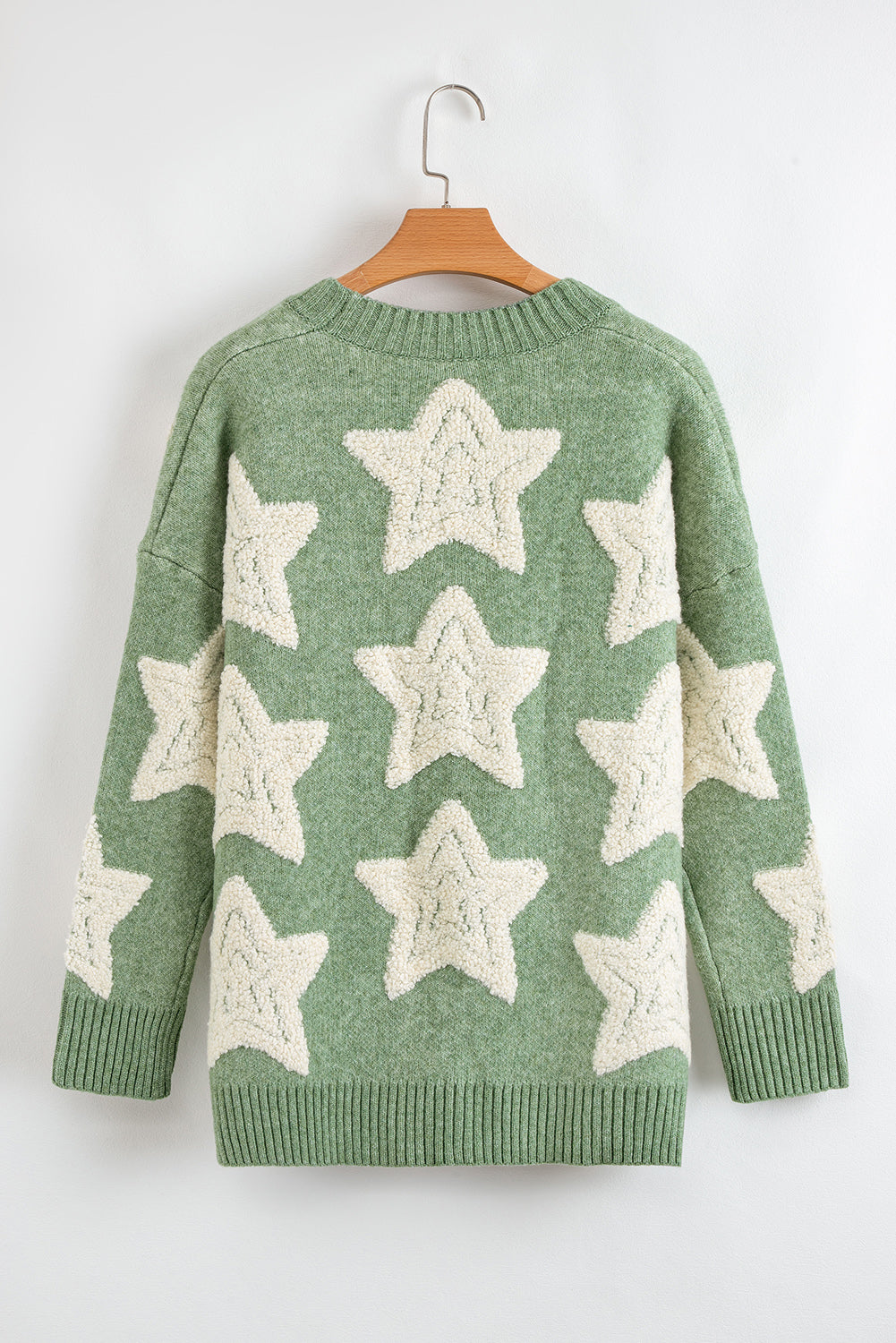 Green Sherpa Star Pattern Sweater Cardigan with Pockets