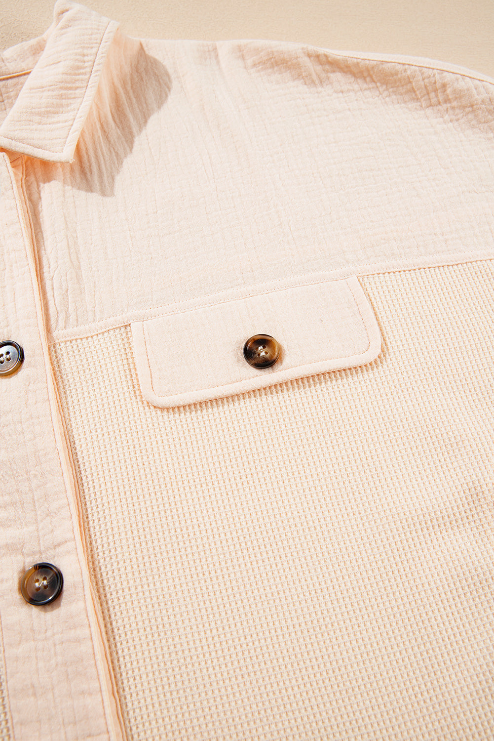 Beige Button Down Waffle Sleeve Shirt