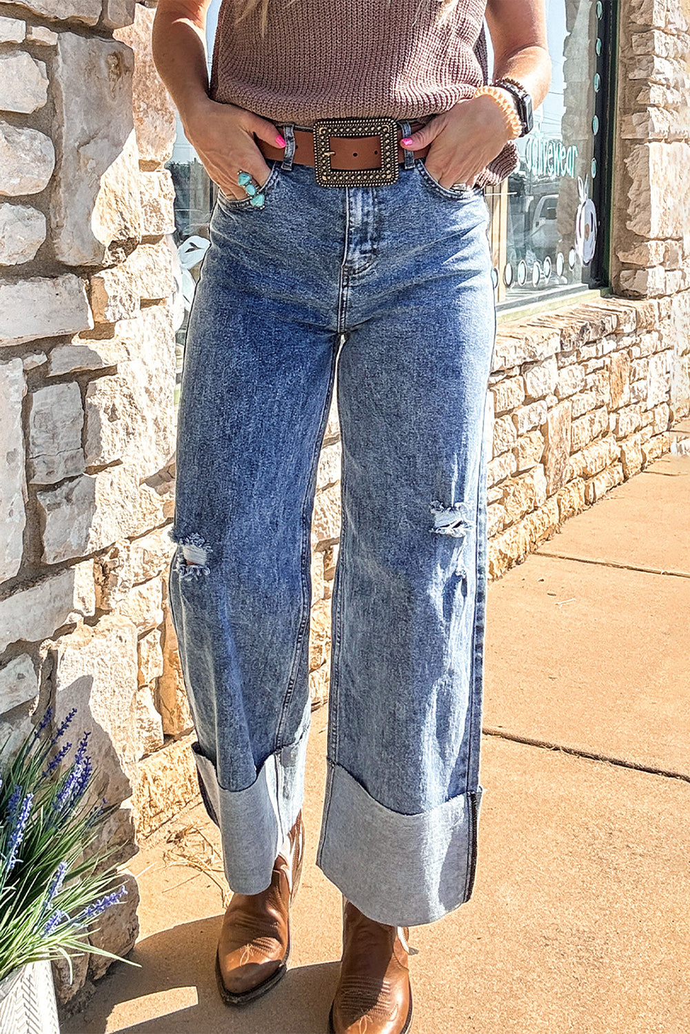 ‘Ashleigh’ Mineral Wash Distressed Wide Leg Jeans