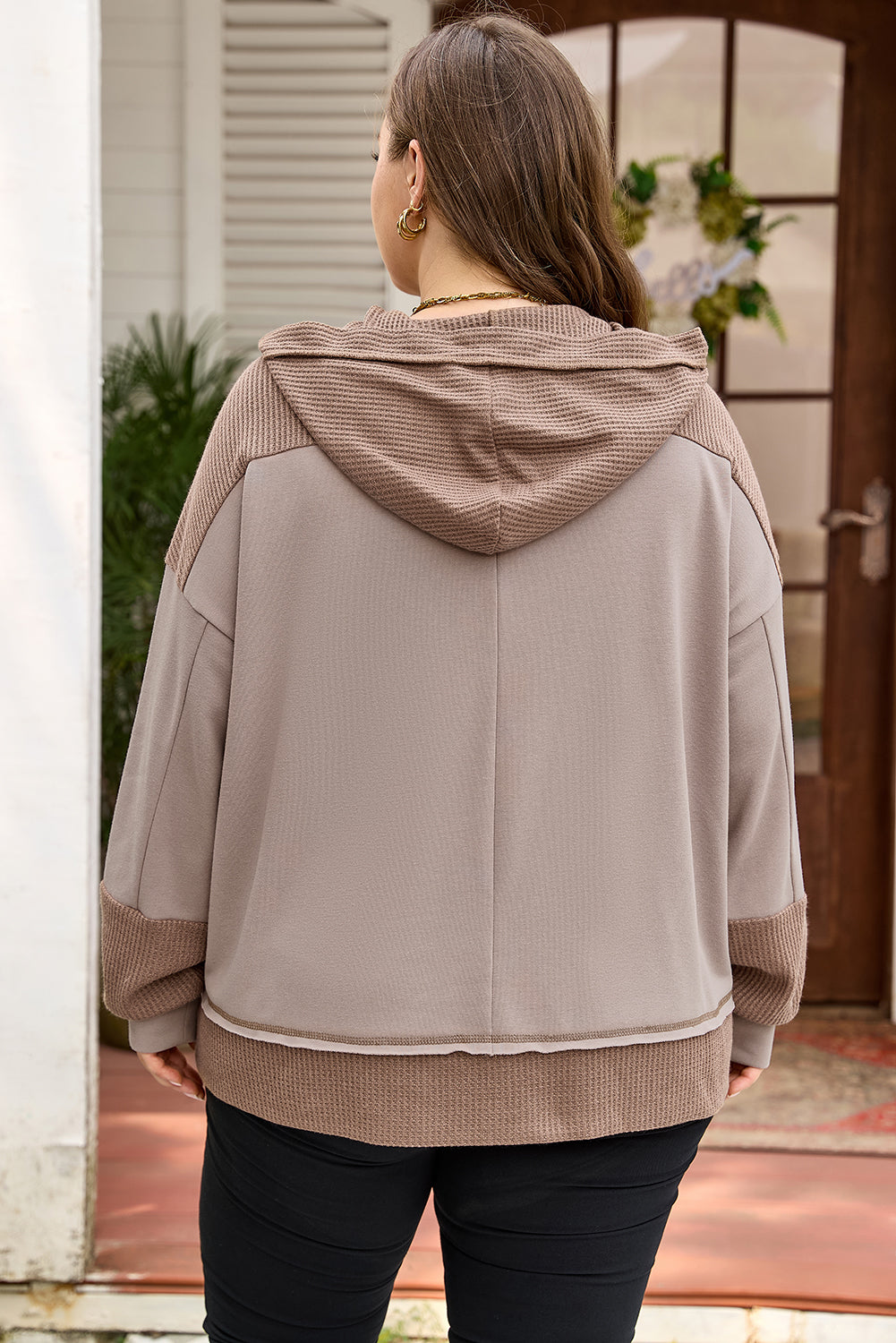 Brown Contrast Patchwork Plus Size Pocketed Hoodie