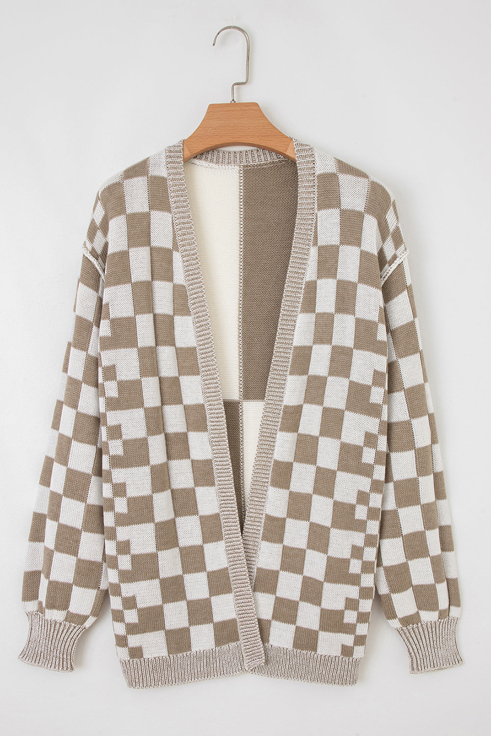 Brown Checkered Open Front Cardigan
