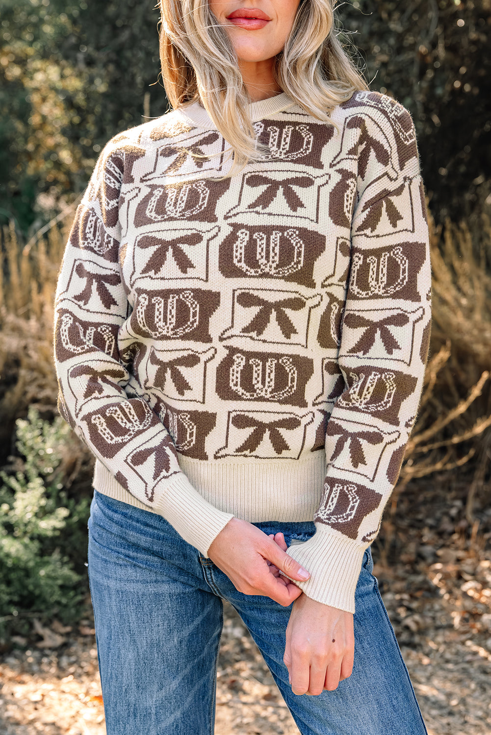 Brown Bows & Horseshoes Western Print Sweater