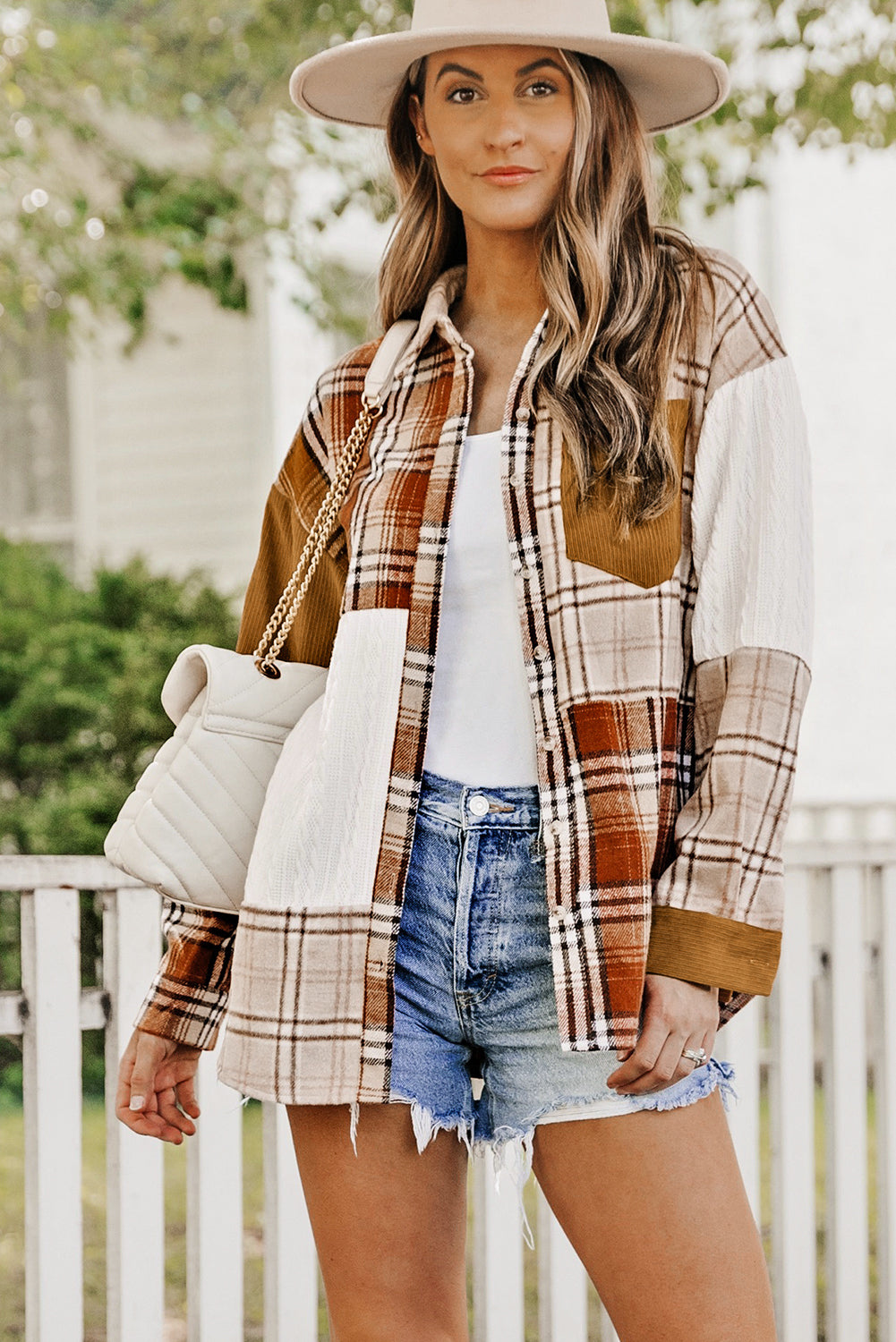 Orange Plaid Color Block Patchwork Jacket