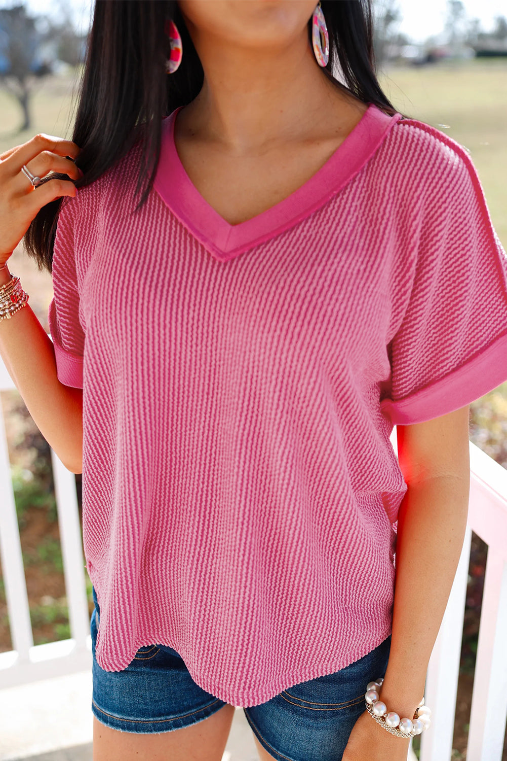Rose Red Ribbed Knit V Neck Casual Tee