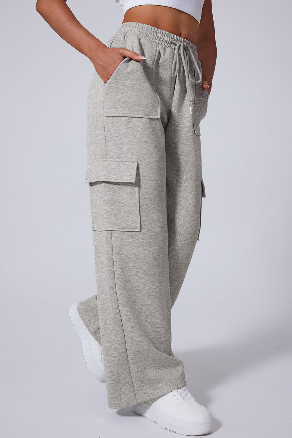 Light Grey Multi Pockets High Waist Wide Leg Pants