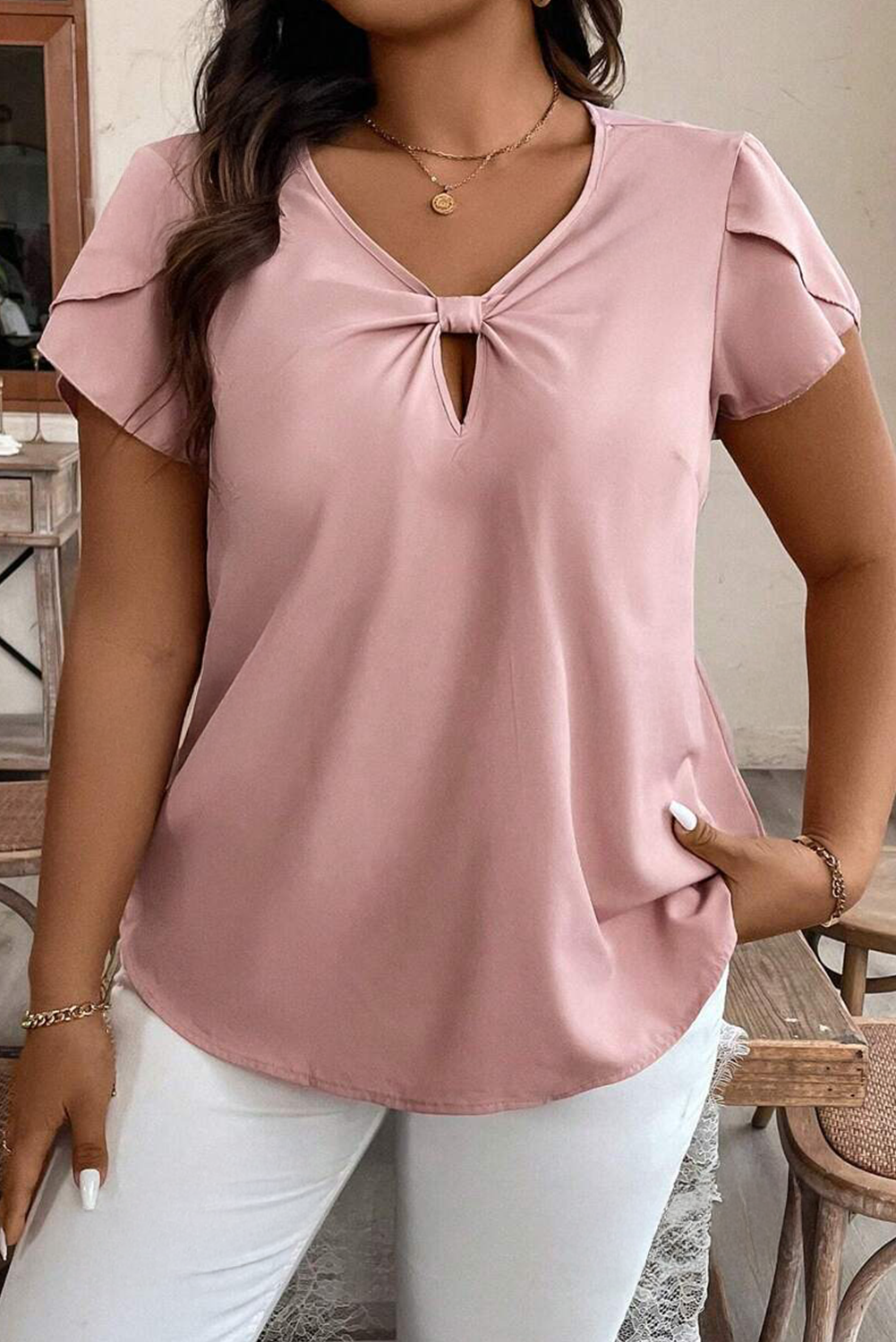 Pink Knotted Short Sleeve Plus Size Top