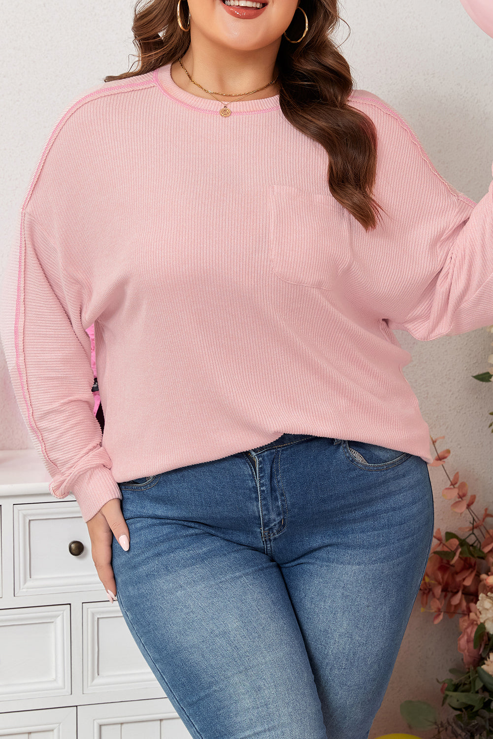 Pink Ribbed Exposed Seam Plus Size Knit Top