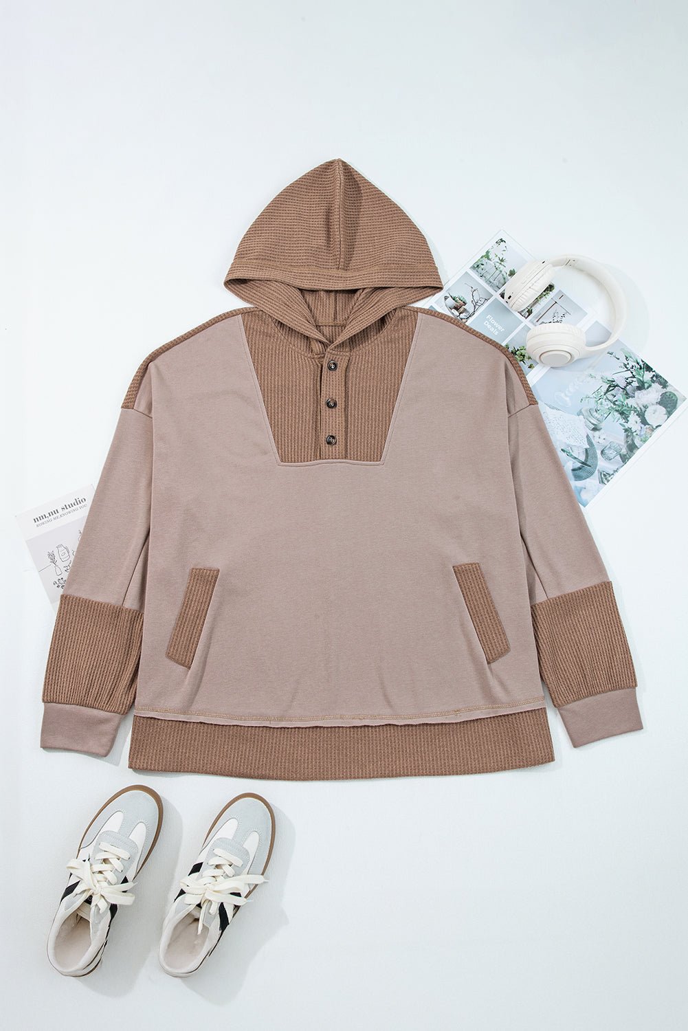 Brown Contrast Patchwork Plus Size Pocketed Hoodie