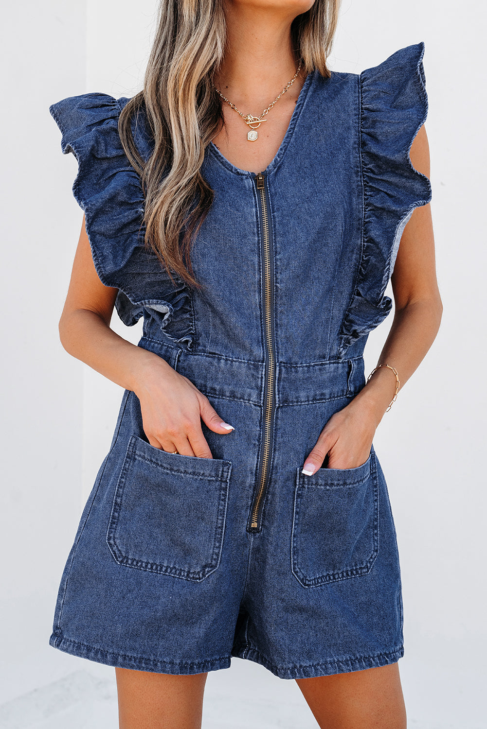 Denim Ruffled Zipped Front Romper