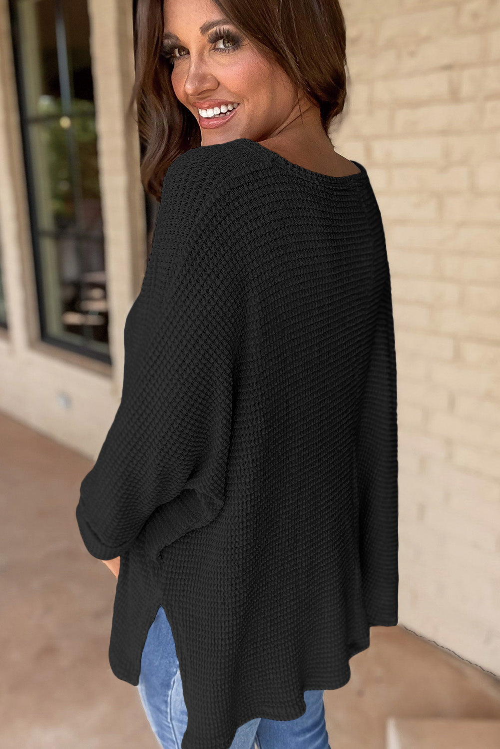 Black Waffle Knit Side Slits Top