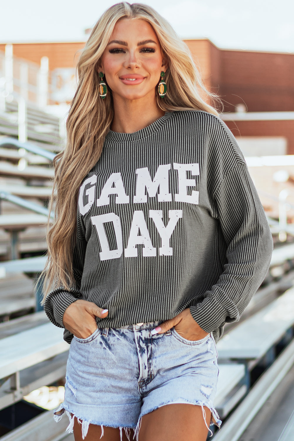 Dark Grey Corded ‘GAME DAY’ Long Sleeve Crewneck Top