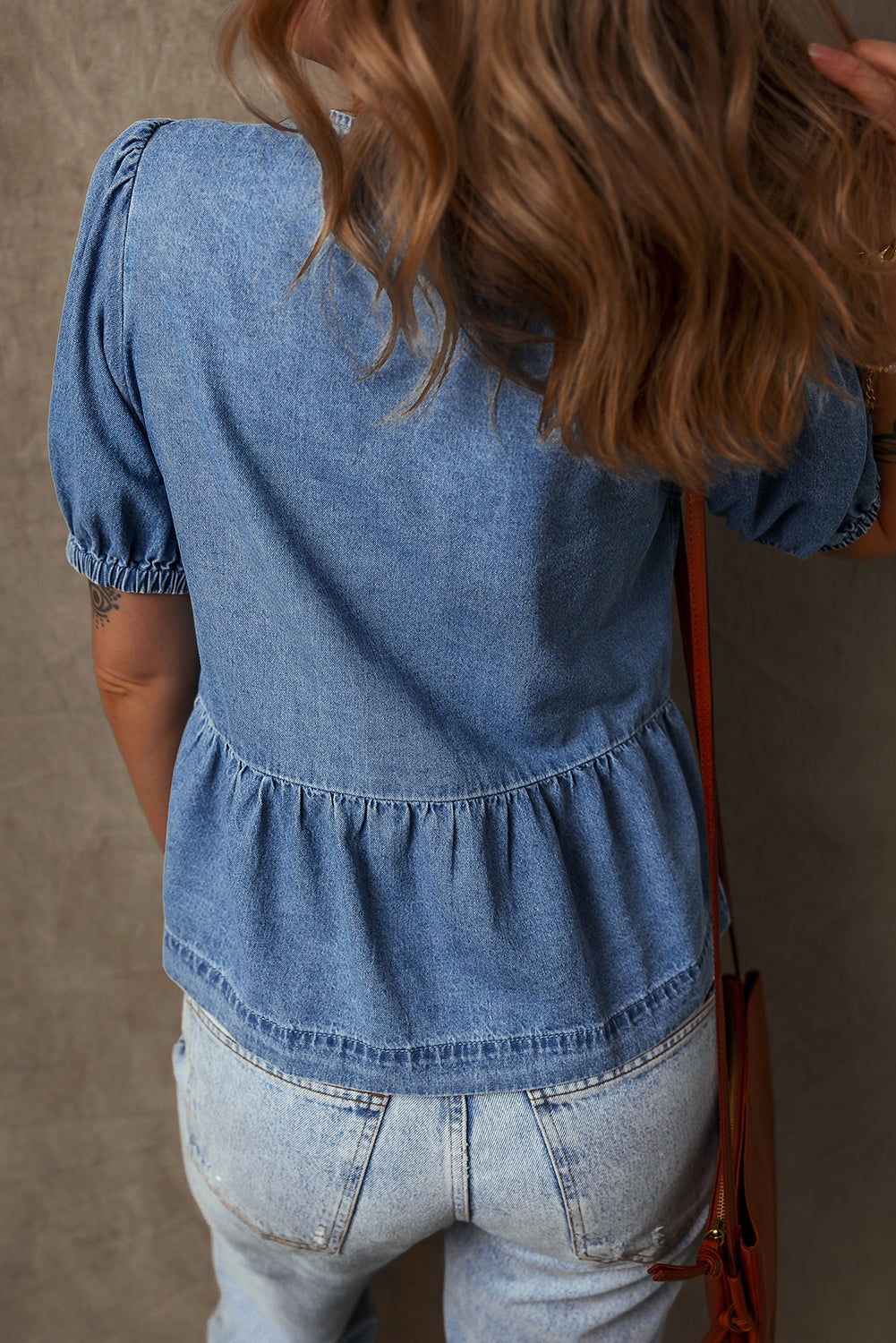 Denim Blue Tied Front Bubble Sleeve Shirt