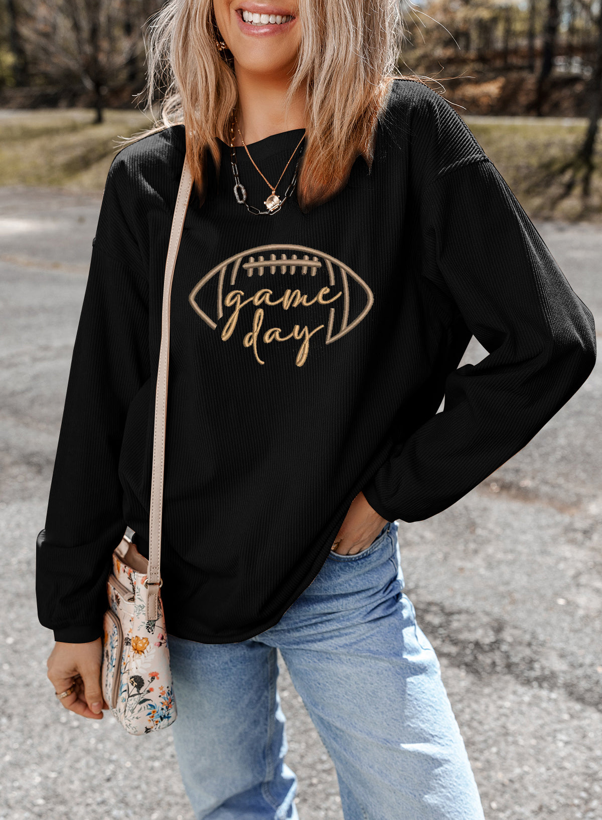 Black Football ‘Game Day’ Embroidered Corduroy Sweatshirt