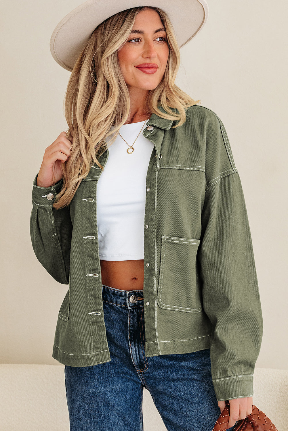 Faded Green Patched Boyfriend Denim Jacket
