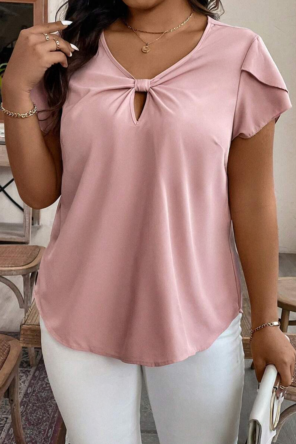 Pink Knotted Short Sleeve Plus Size Top