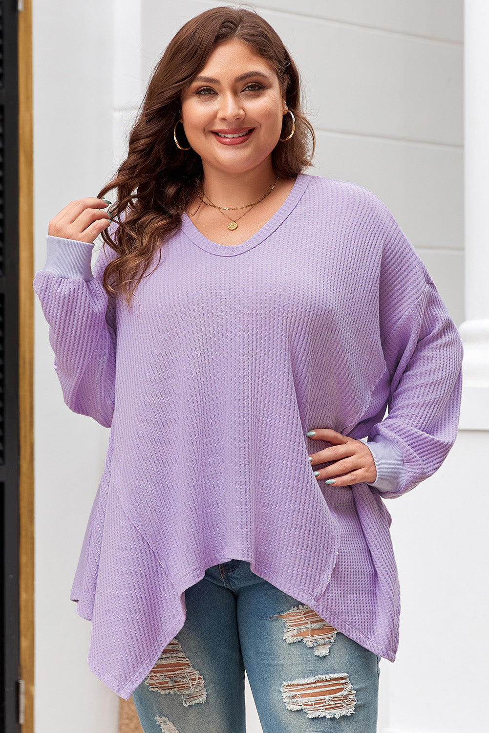 Orchid Plus Size Waffle Knit Exposed Seam Flowy Top