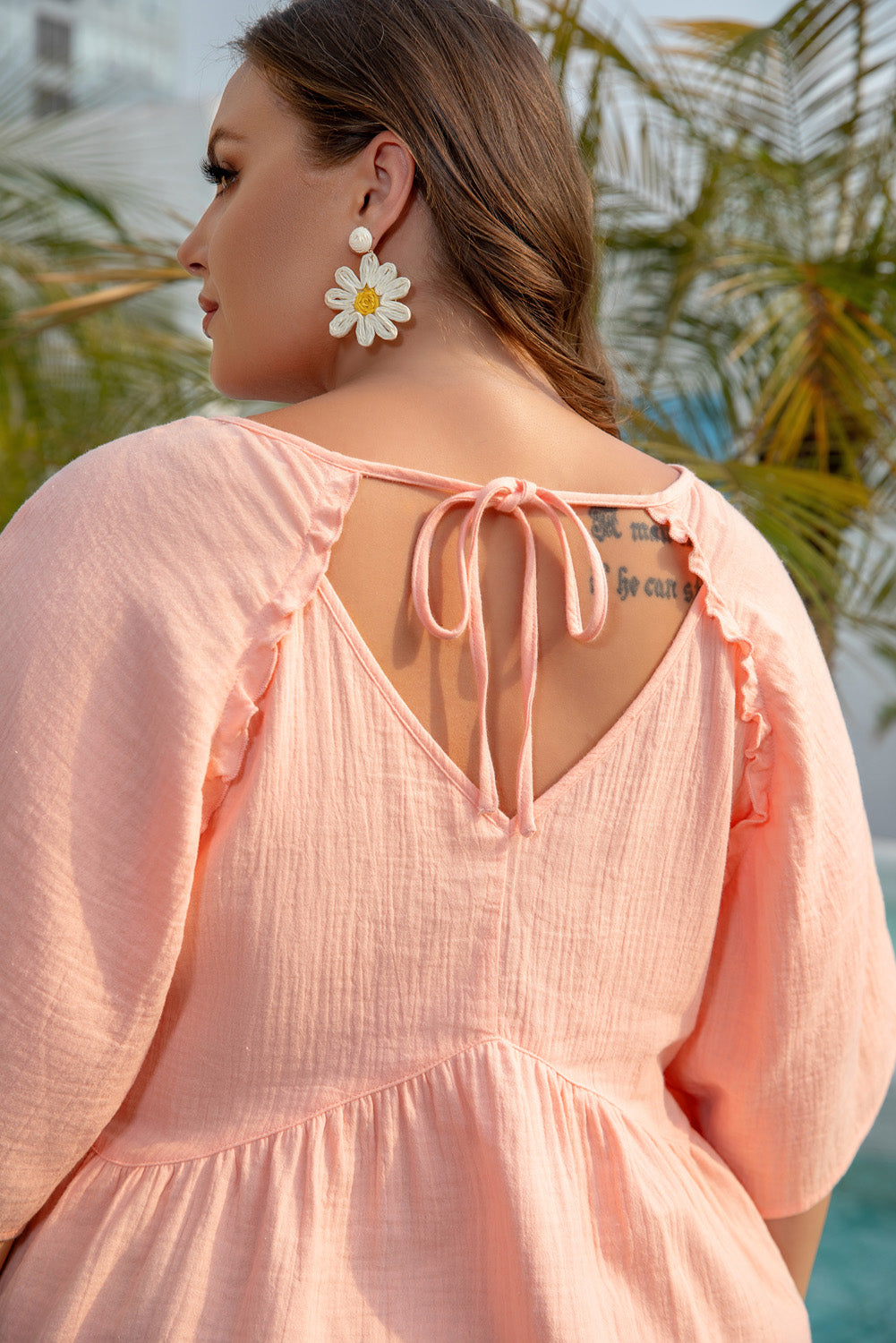 Peach Plus Size Textured Short Sleeve Babydoll Blouse