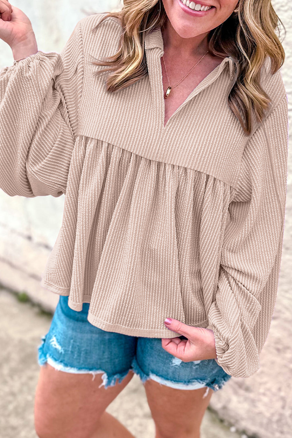 Parchment Corded V Neck Babydoll Blouse