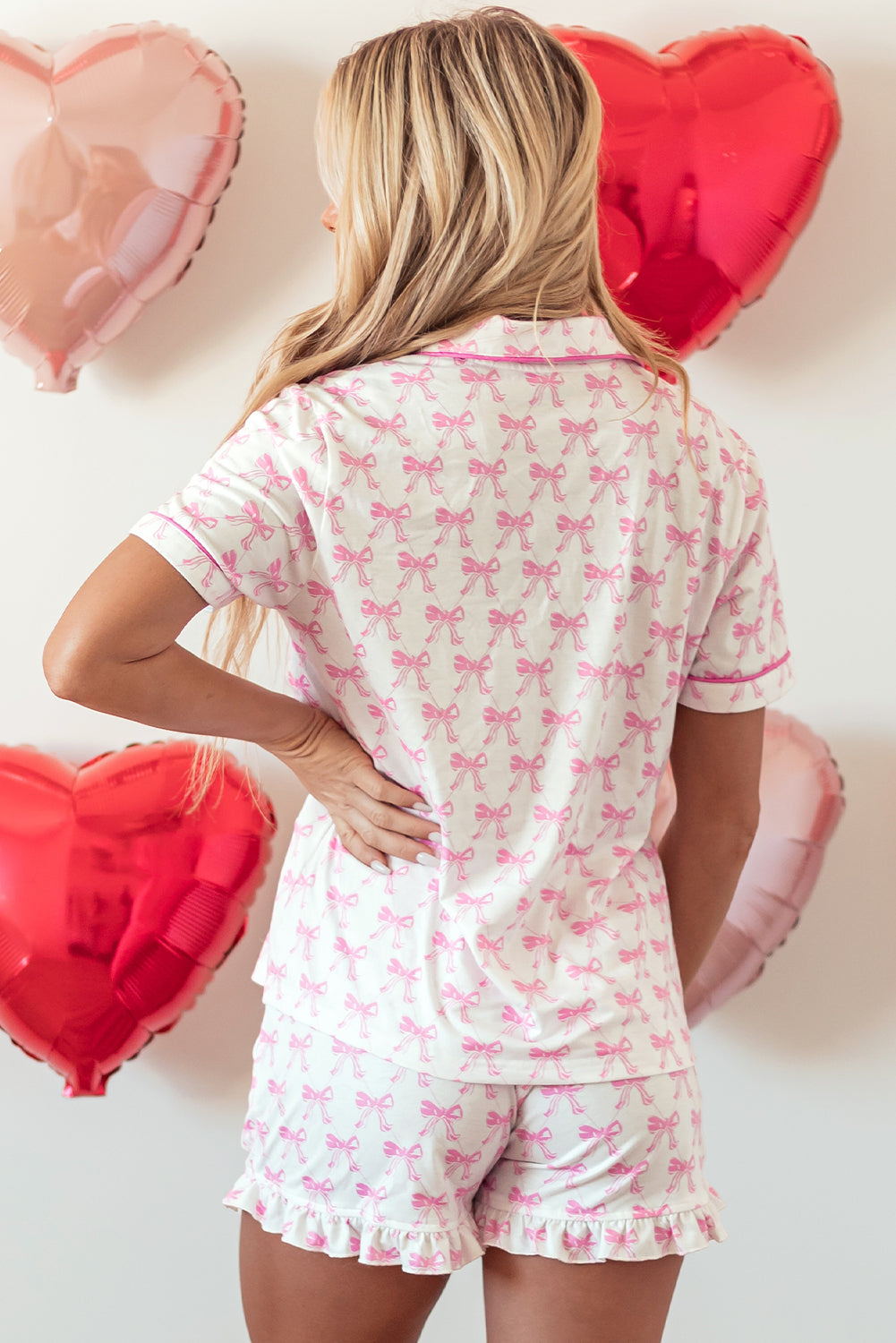 Pink Bow Printed Short Sleeve and Ruffled Shorts Pajama Set