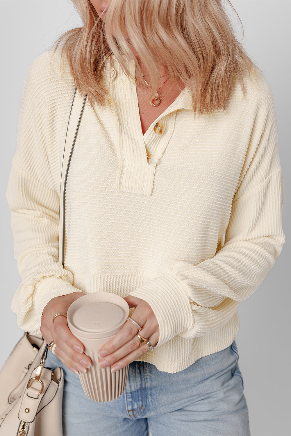 Apricot Texture Sleeve Buttons Sweater