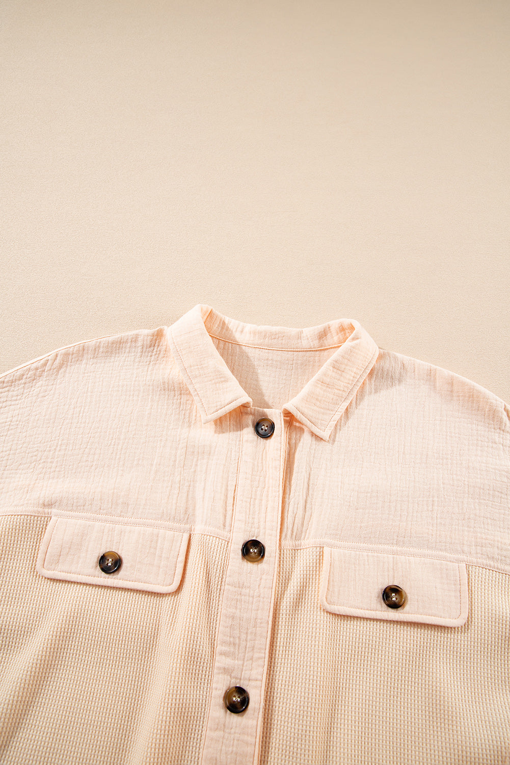 Beige Button Down Waffle Sleeve Shirt
