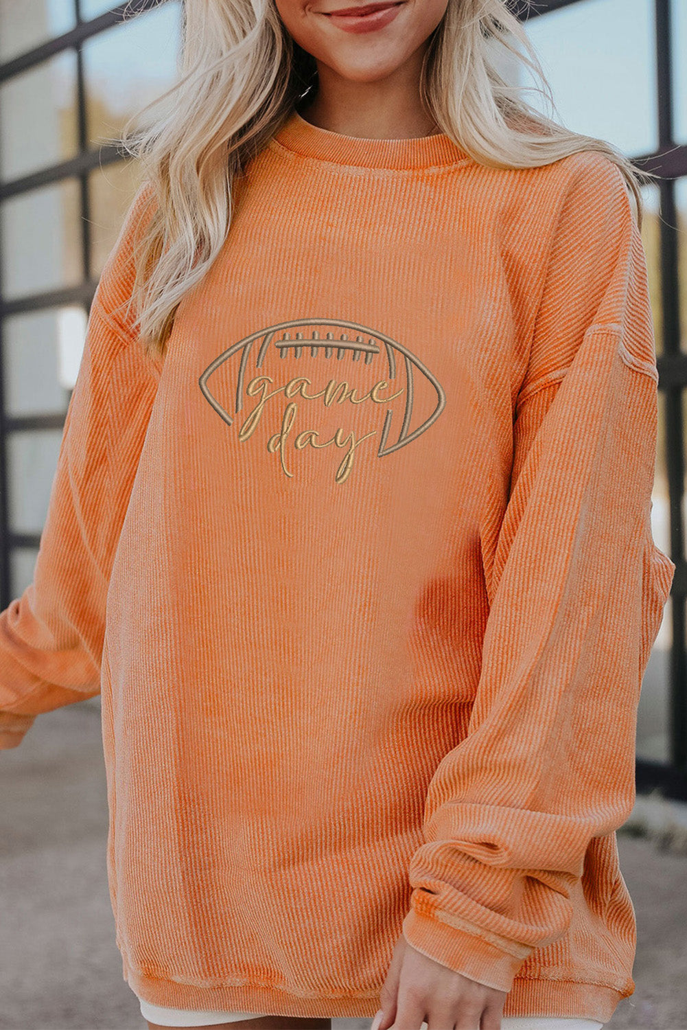 Orange Football Game Day Embroidered Corduroy Sweatshirt
