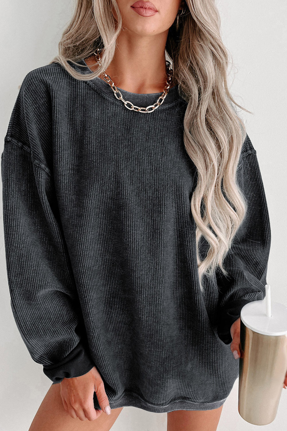 Black Solid Ribbed Knit Pullover Sweatshirt