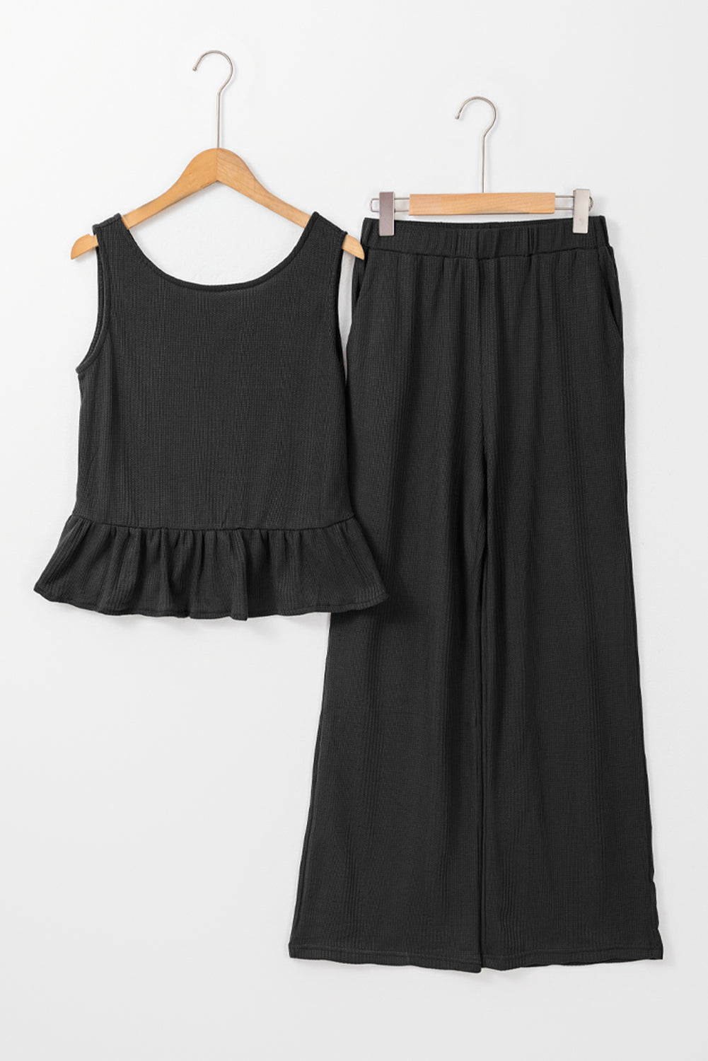 Black Ribbed Ruffle Tank Top and Pants Set