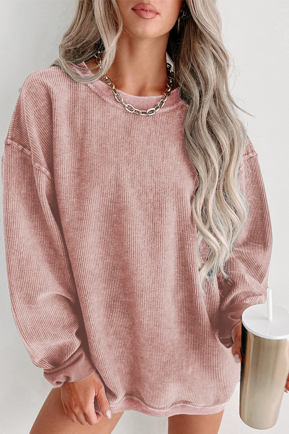Pink Ribbed Knit Pullover Sweatshirt