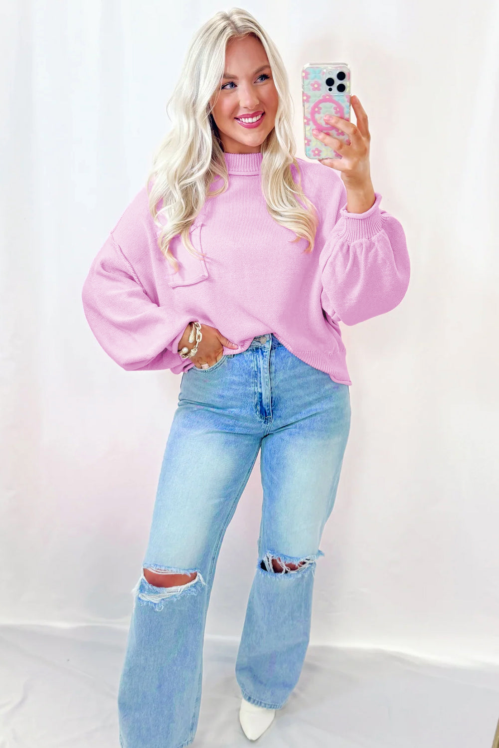 Pink Raw Edge Ribbed Drop Shoulder Sweater
