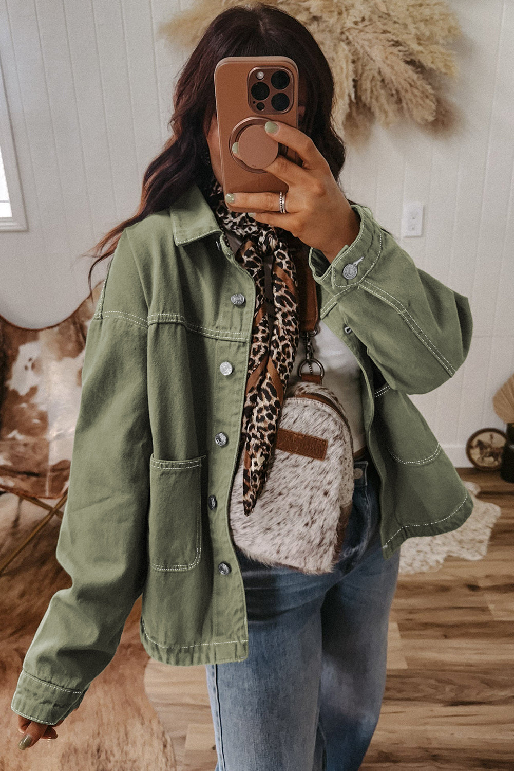 Faded Green Patched Boyfriend Denim Jacket