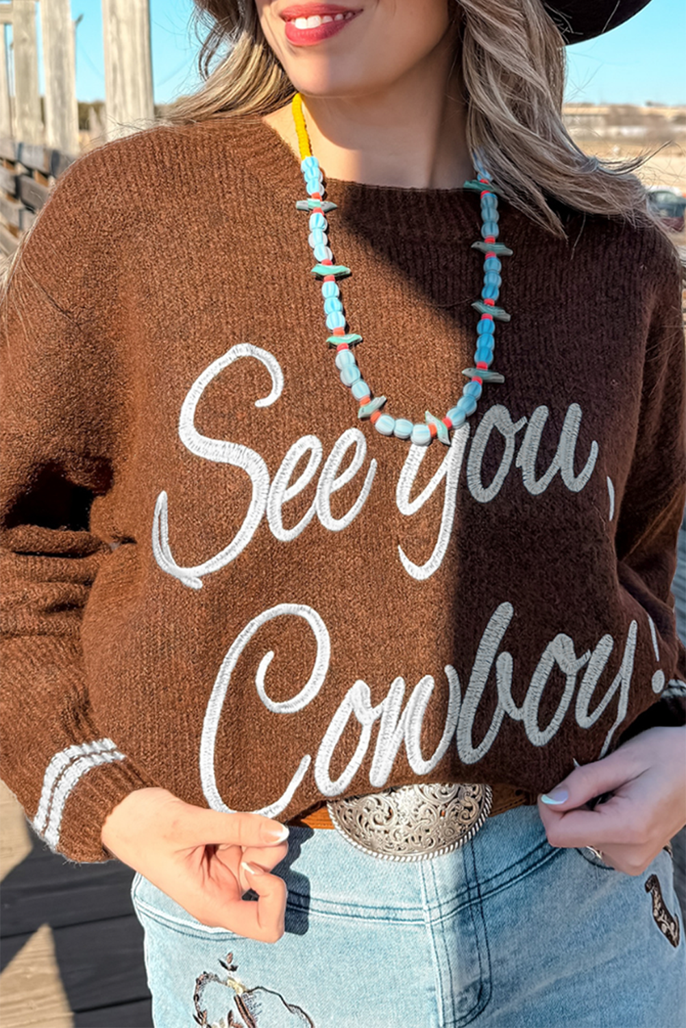 Brown ‘See You Cowboy’ Embroidered Western Sweater