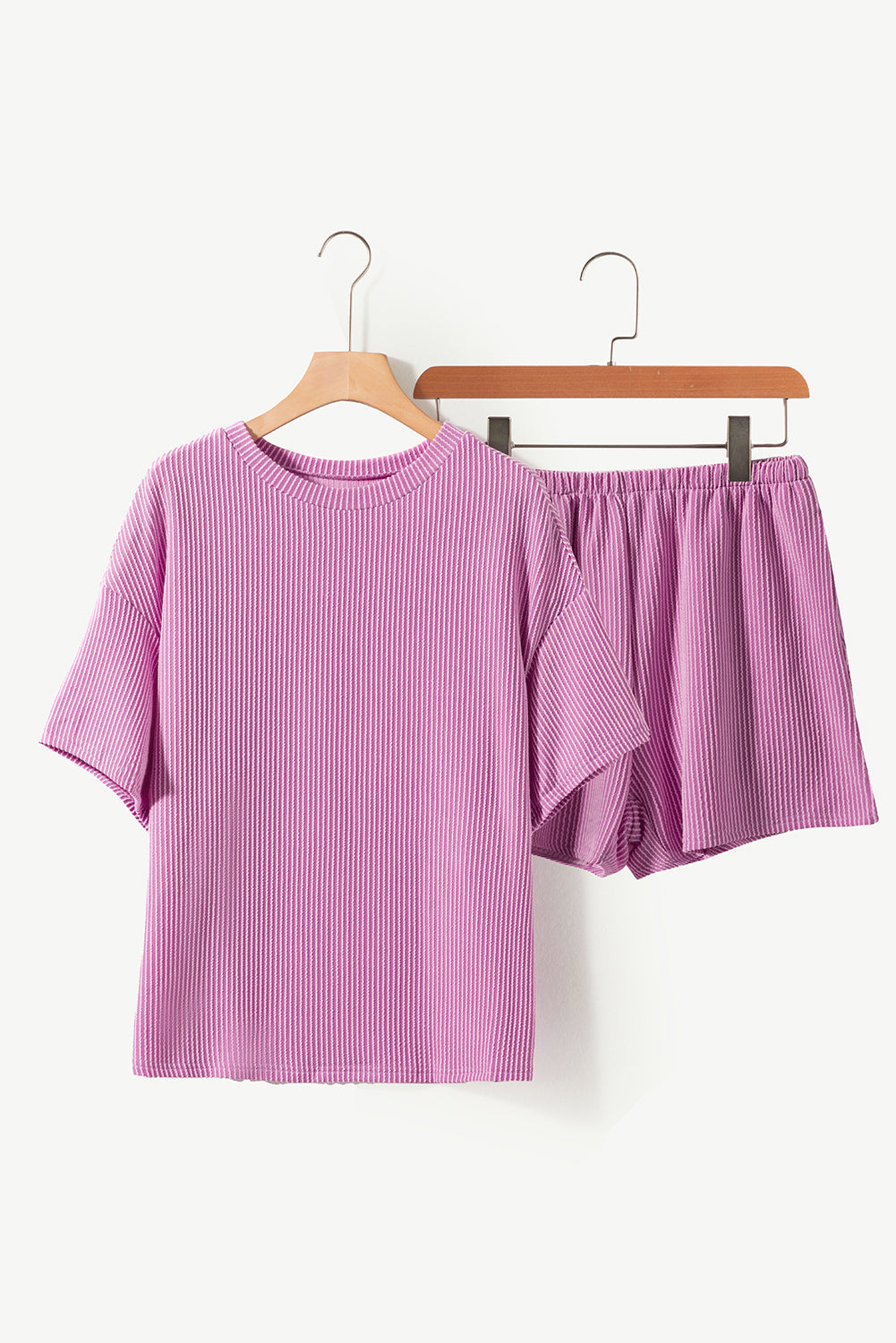 Pink Ribbed Textured Knit Tee and Shorts Set