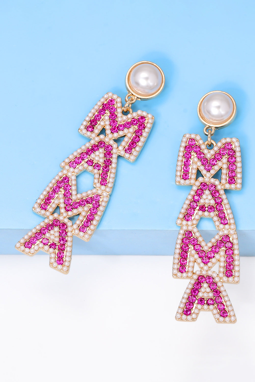 Pink MAMA Rhinestone Pearl Dangle Stud Earrings