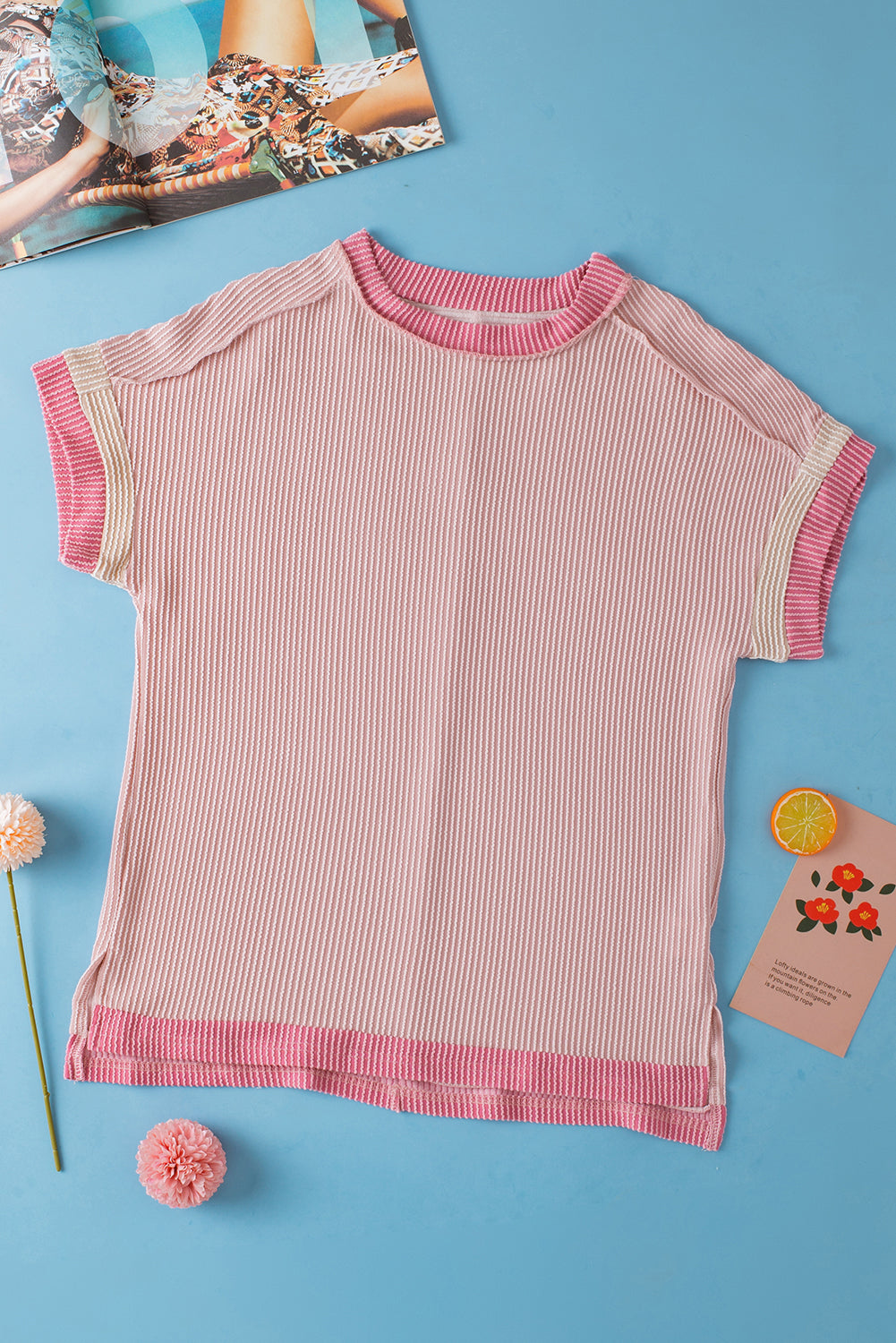 Light Pink Textured Contrast Trim T Shirt