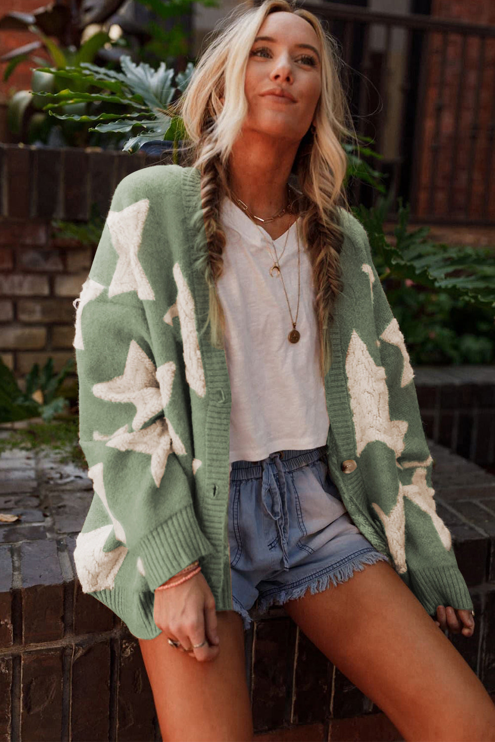 Green Sherpa Star Pattern Sweater Cardigan with Pockets