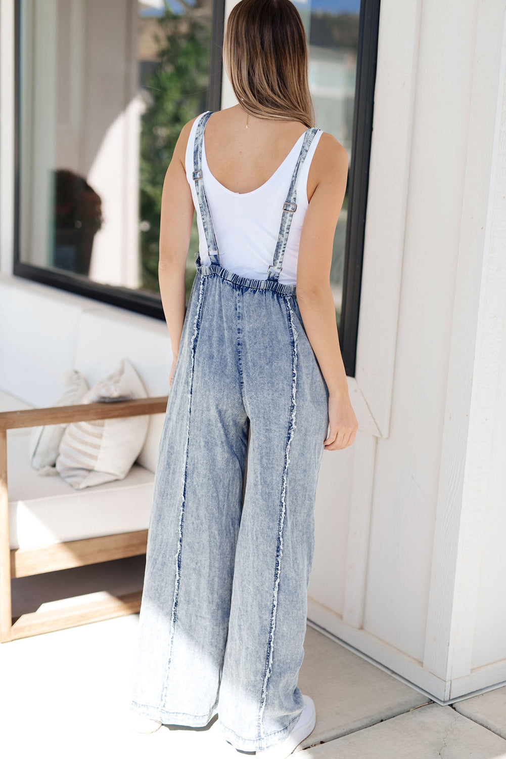 Light Wash Frayed Exposed Seam Denim Overall