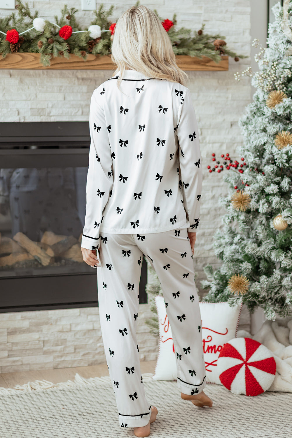 White Bows Print Pajama Set