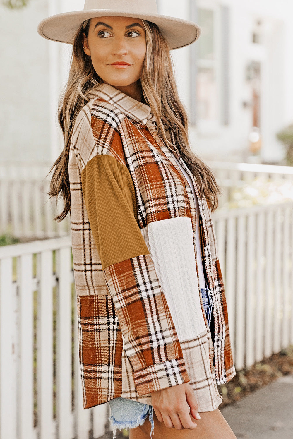Orange Plaid Color Block Patchwork Jacket