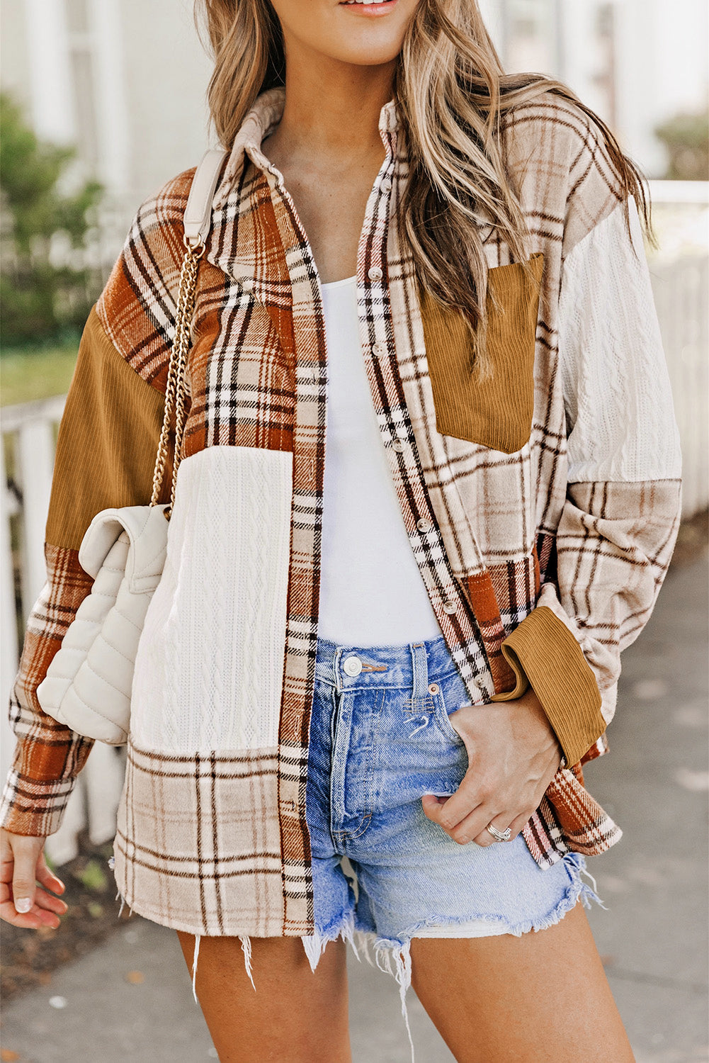 Orange Plaid Color Block Patchwork Jacket