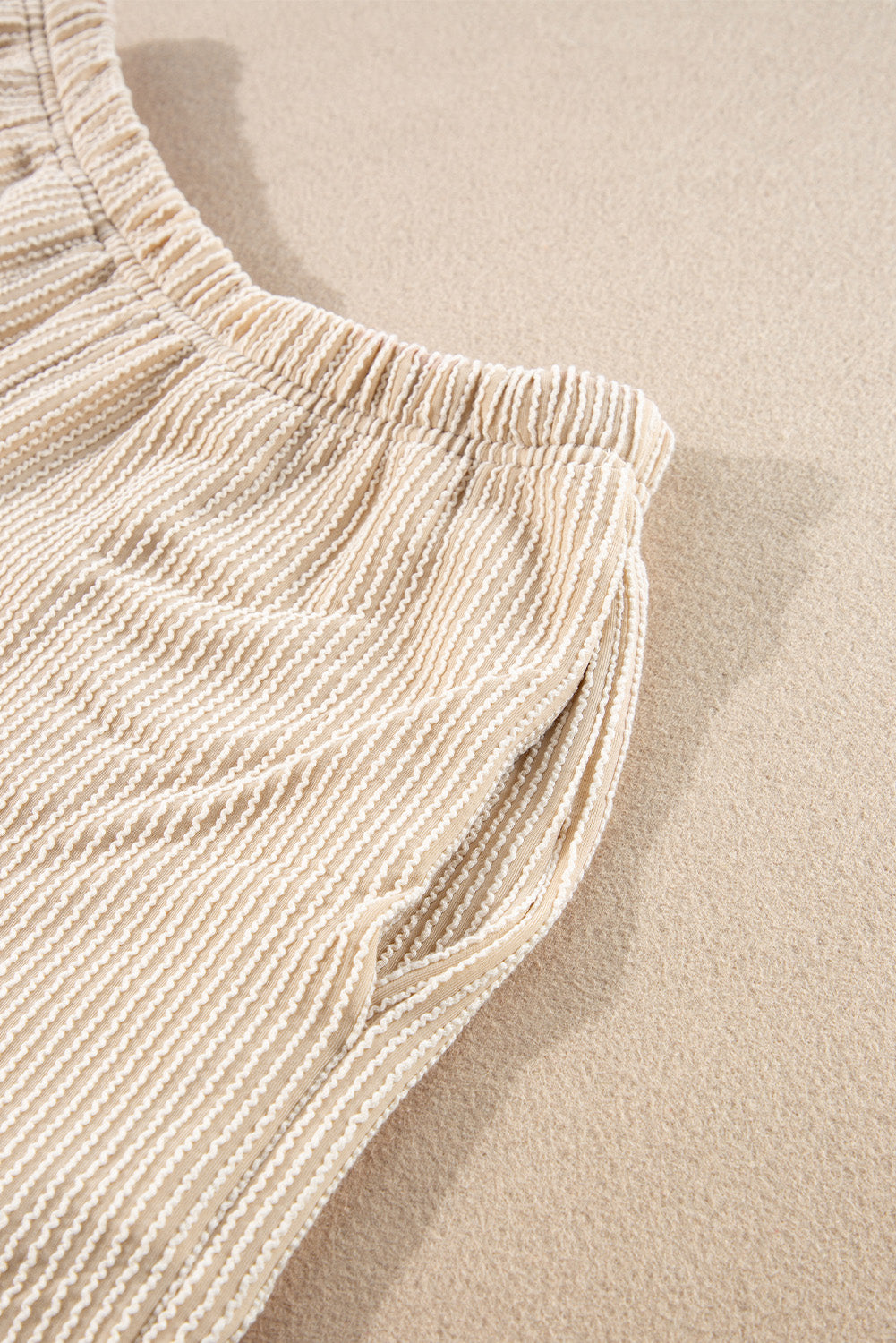 Beige Corded Knit Long Sleeve Top and High Waist Shorts Set