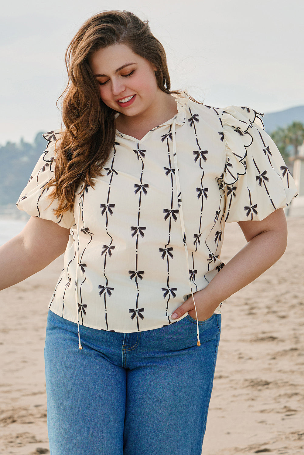 Apricot Bow Printed Bubble Sleeve Plus Size Blouse