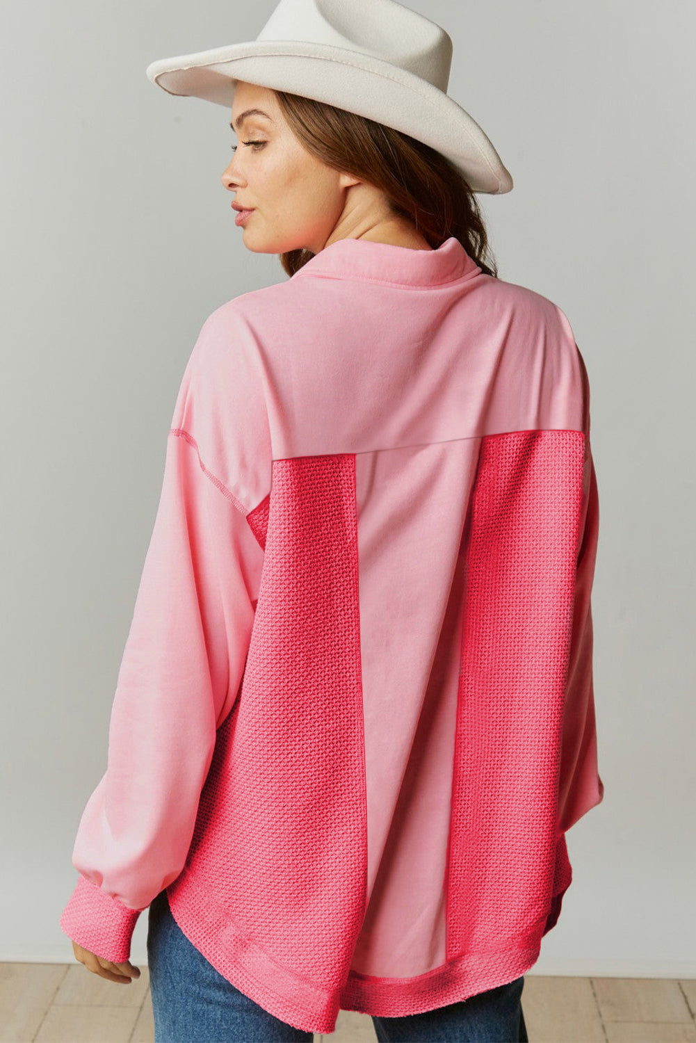 Pink Two Tone Contrast Waffle Knit Shacket
