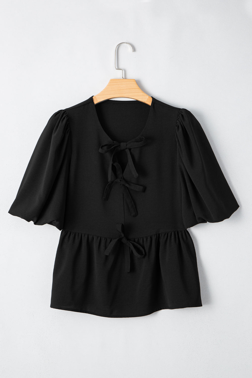 Black Puff Sleeve Bowknot Blouse